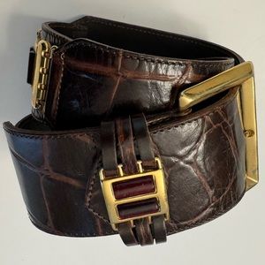 Linea Pelle Wide Croc Embossed Leather Belt Rhinestone Vintage Ruby Red -Fall 24